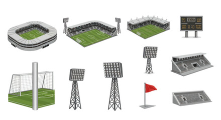 Soccer Stadium Elements: Stadiums, Goals, Lights, Scoreboard, Flag © Abang