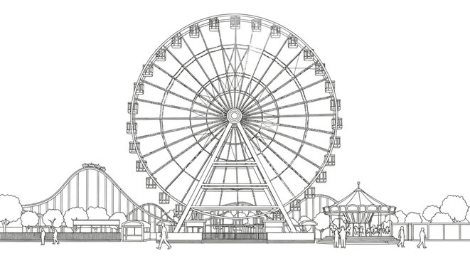 Amusement park illustration with ferris wheel roller coaster and carousel