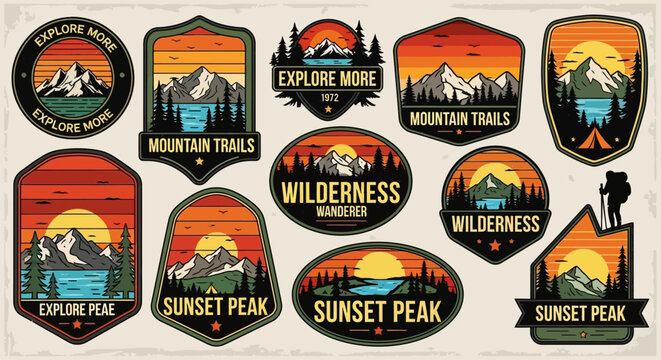 Collection of wilderness and mountain trail badges.