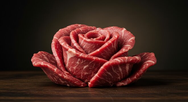 A surreal meat flower where a steak is arranged like the petals of a rose.