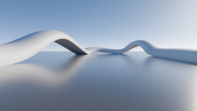Abstract 3D rendering of white organic wavy structures on a reflective surface under a clear blue sky, minimalist futuristic architecture