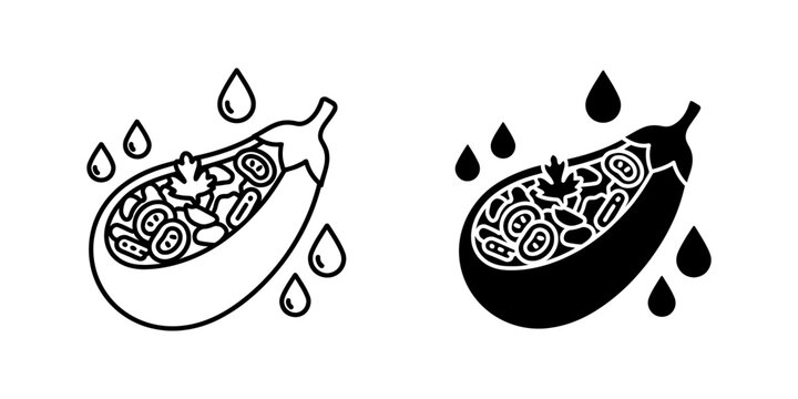 Stuffed eggplant vector icon set with vegetable filling and water drops illustrating preparation of healthy vegan appetizers or mediterranean cuisine recipes for cooking blog and menu graphics.