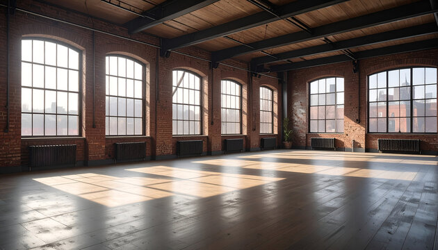 Sunlit Industrial Loft Space with Large Windows and Wooden Floors.