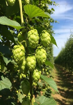 Lush Green Hops Growing on Bines in a Sunny Field.