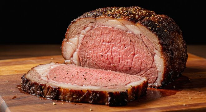 A slice of prime rib with a beautiful crust and perfectly rendered fat cap.