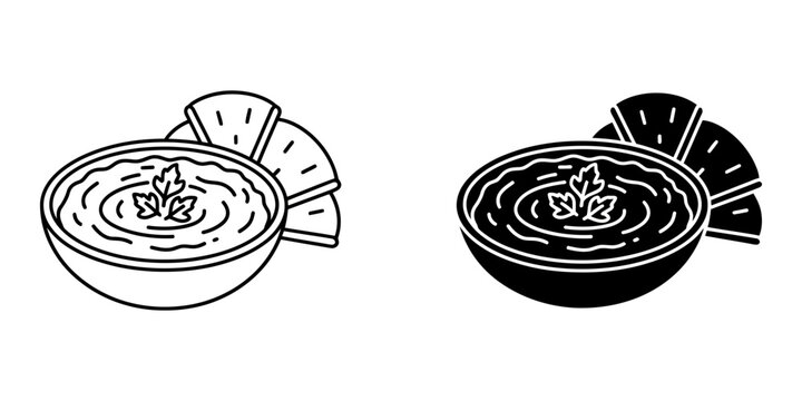 Line art and solid black silhouette of bowl of hummus with tortilla chips and parsley garnish, healthy dip vector illustration.