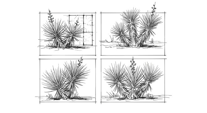 Desert plants, yucca illustrations, black and white, vector set isolated on White Background