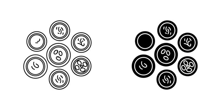 Meze bowls icon set with various dips and sauces in top view for middle eastern cuisine menu design in line and glyph styles appetizer bowls collection for mediterranean restaurant icons vector.