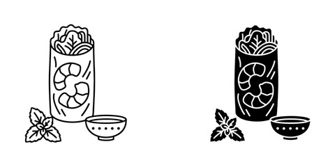 Summer roll icon line and glyph style, fresh vietnamese cuisine, healthy shrimp and vegetable wrap, rice paper salad roll, mint leaf garnish, delicious light meal vector. © Onik Studio