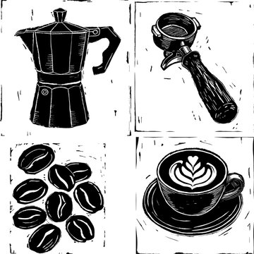 Hand Drawn Linocut Rustic Coffee Clipart Set with Moka Pot and Latte Cup