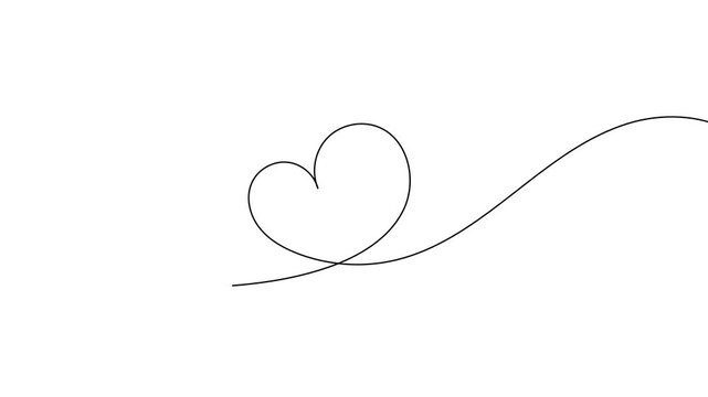 一筆書きのハートの線画。一本の黒い糸が大きなハートを紡ぐデザイン。バレンタインをイメージした愛情のシンボル。シンプルでおしゃれなドローイングアニメーション