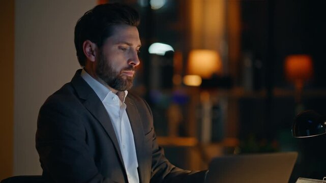 Project manager thinking idea drinking hot coffee at night office closeup.