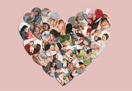 Love Heart Photo Collage Template for Wedding & Valentine Scrapbook, Family Photo Montage Mockup