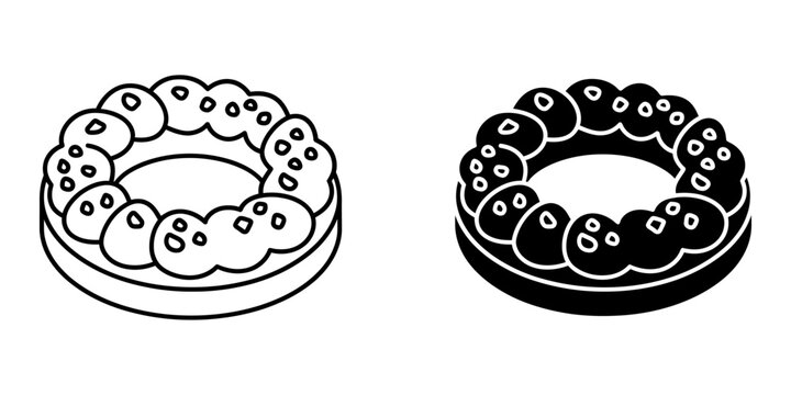 Paris brest ring cake icons set with line and solid styles isolated on white background for bakery menu design project or pastry shop branding with french dessert symbols including choux pastry ring.