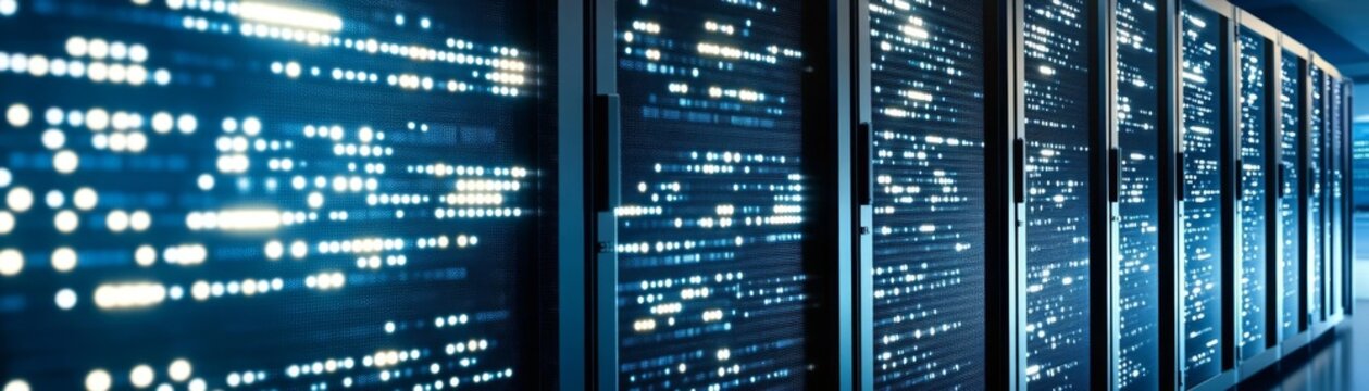 Modern data center row high performance server racks for advanced computing infrastructure.