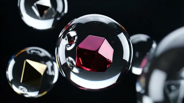 Glass marbles reflecting geometric shapes.
