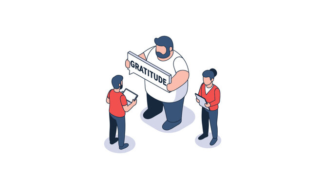 Isometric Illustration of Gratitude Shared Among Three People.