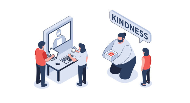 Isometric Illustration of People Interacting with Kindness and Technology.