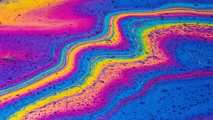 Naklejka premium Iridescent oil slick pattern with vibrant colors and abstract wavy lines, creating a mesmerizing visual effect.