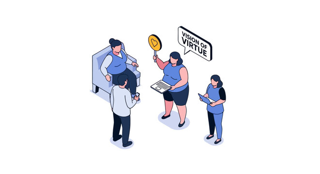Isometric illustration of business team discussing vision and virtue concept.