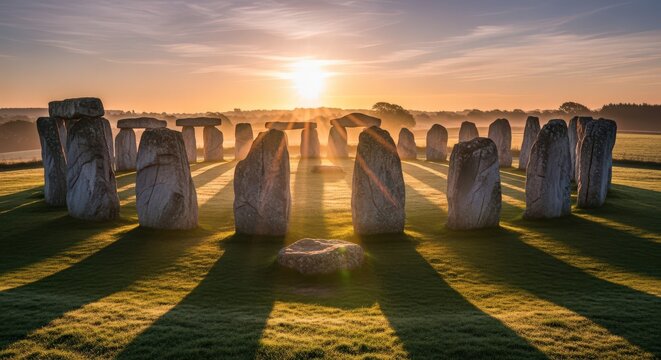 stonehenge at sunrise with shadows.
