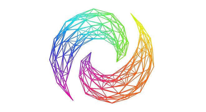 Vibrant digital wireframe spiral showcasing a dynamic abstract geometric shape in rainbow colors a