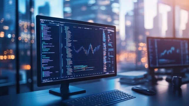 Financial stock market data displayed on modern computer monitor screen for analysis.