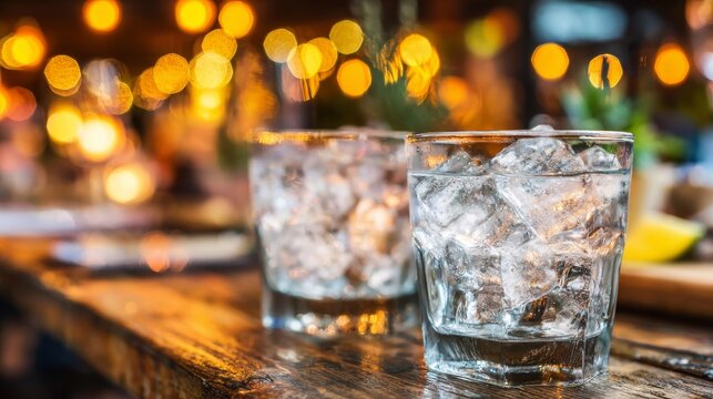 Close-up of ice cubes in a glass filled with a clear beverage, with soft bokeh lights in the background