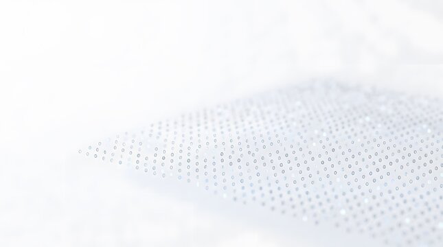 floating binary dot matrix pattern gradually fading into distance perspective across clean white background surface, subtle blue glowing dot highlights visible