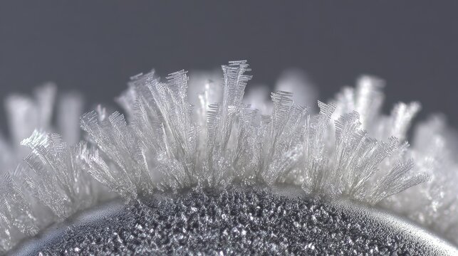 Intricate ice crystals forming delicate needle-like structures on a chilled metallic surface