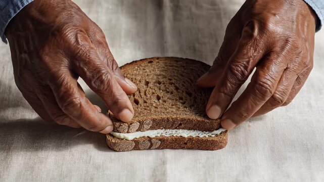 Dark hands pressing two slices of rye bread with creamy white spread to make a delicious sandwich