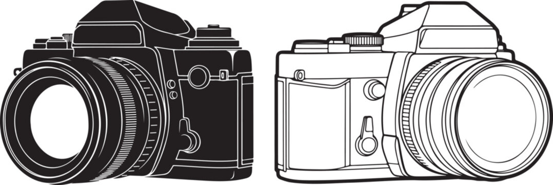A striking black outline depicts a classic single lens reflex camera showcasing its detailed form as a silhouette. Single lens reflex camera vector illustration.