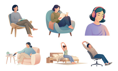 Fototapeta premium Set of People Doing Daily Activities Reading Stretching and Listening to Music