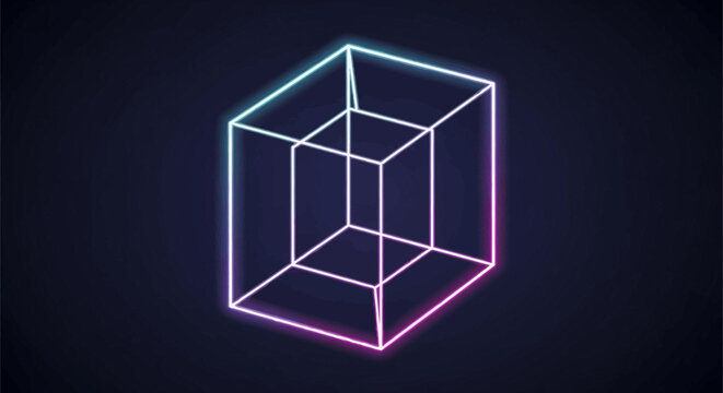 Abstract glowing neon wireframe cube geometric futuristic technology background design