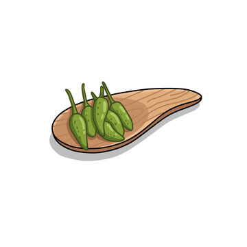 Indonesian cabe rawit bird&rsquo;s eye chili on wooden spoon vector illustration