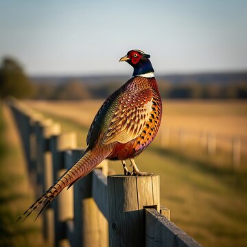Ring-necked pheasant perched on a wooden fence post in a rural landscape at sunset, showcasing its vibrant plumage and natural habitat.