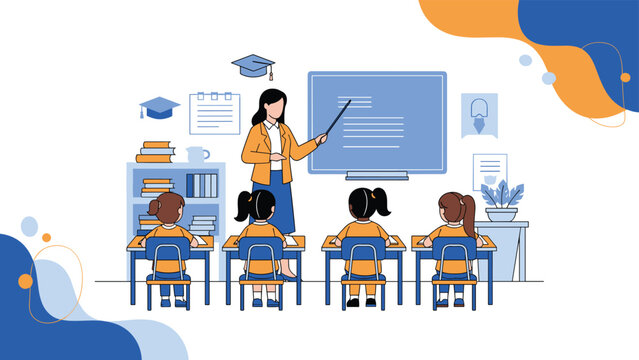 Female teacher standing by a whiteboard and explaining a lesson to a classroom of young students sitting at school desks.