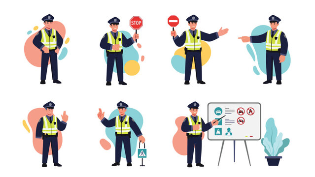 Police officer in a high visibility vest performing various duties, set of traffic cops managing road safety and giving law instructions.