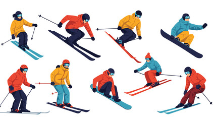 Fototapeta premium Set of diverse people skiing and snowboarding down a mountain, collection of winter sports athletes performing different active poses.