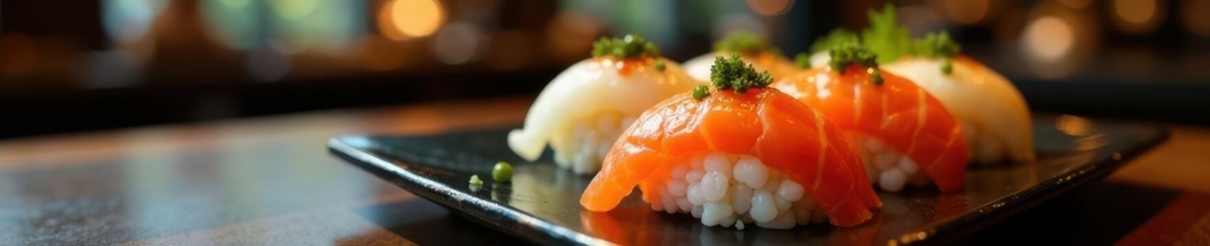 Close-up sushi set, chopsticks, restaurant setting, restaurant, oriental, cuisine