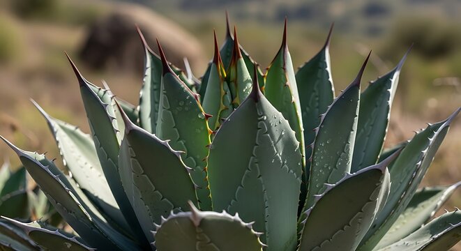 Close-up of a vibrant green agave plant with sharp, pointed leaves thriving in a desert landscape under natural light.