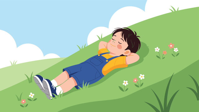 Young boy wearing blue overalls and a yellow t-shirt lying on a lush green hill and sleeping peacefully under a clear blue sky with white clouds.
