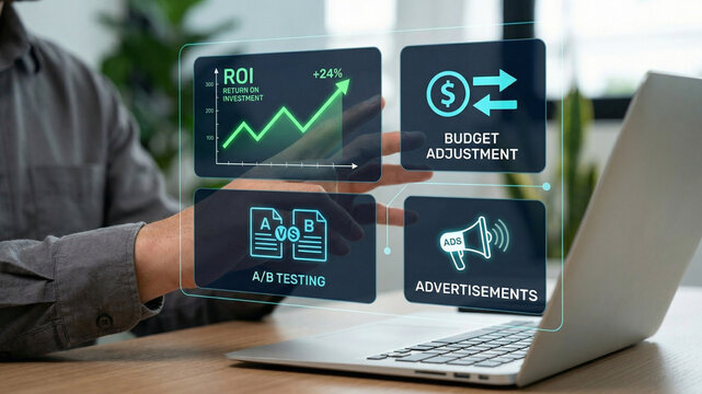 Digital marketing dashboard with ROI growth and budget adjustment icons. Businessman analyzing A/B testing and advertisement performance on laptop. Futuristic data visualization.