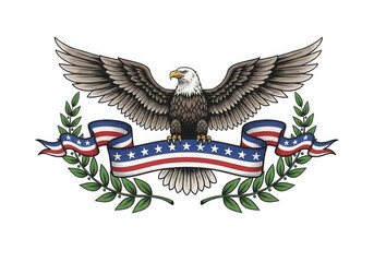 Fototapeta premium Eagle emblem featuring olive branch and arrows with patriotic symbols isolated on transparent background