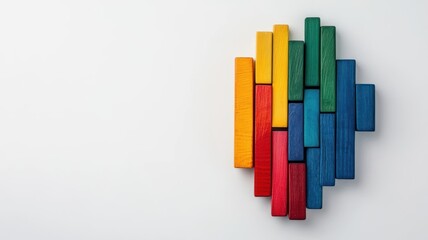Fototapeta premium Colorful wooden block wall art vibrant wooden blocks arranged on a plain white wall creating a visually appealing decorative piece