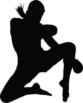 Professional Muay Thai boxer silhouette executing a high knee strike