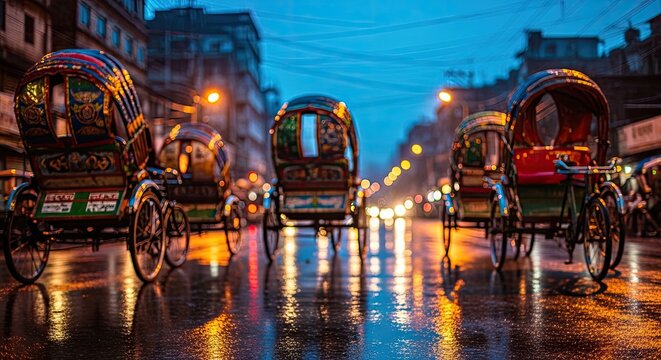 Rickshaws on a wet street in Dhaka Bangladesh at dusk.