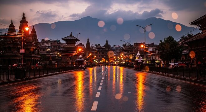 Kathmandu city street at dusk with reflections and mountains.