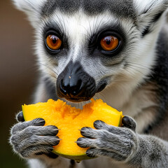 Fototapeta premium A detailed close-up of a lemur's hands and face as it enjoys a piece of tropical fruit.