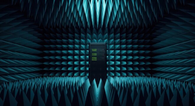 Server rack sits centered within an anechoic chamber lined with sound absorbing foam wedges.
